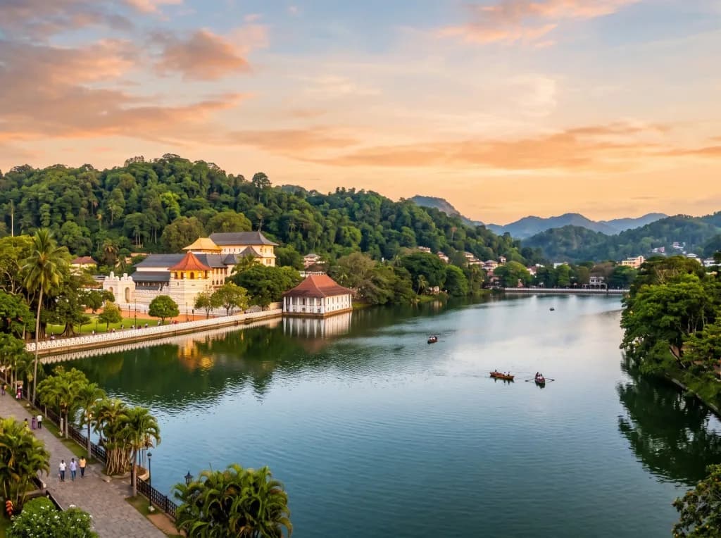 Kandy lake and Temple of the Sacred Tooth Relic at sunset